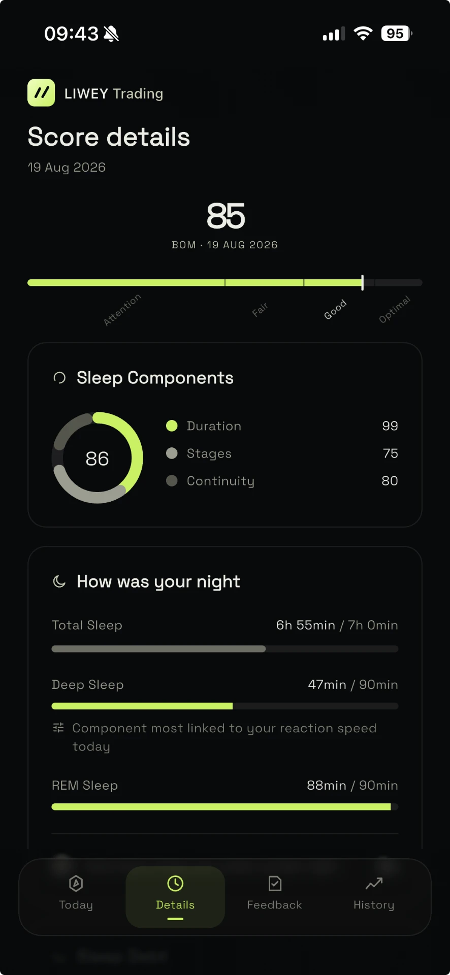 Liwey Trading score details screen with sleep components breakdown